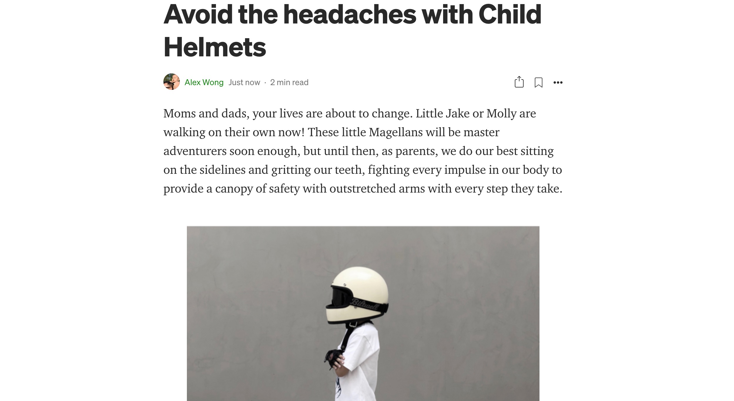 Screenshot for the article: Medium Article - Avoiding headaches with child helmets